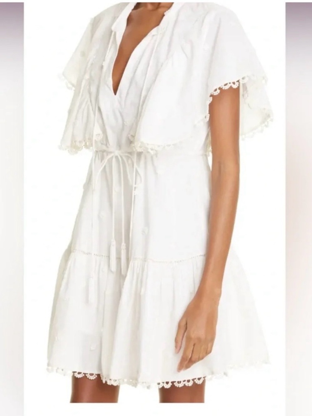 FARM Rio Off White Embroidered Mini Dress XS Boho Tassel Flutter Sleeve